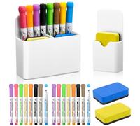 XTUDOU® Porte Marqueur MagnéTique, Porte-stylos Magnétiques | Porte-Crayon MagnéTique, Avec 16 Stylos Marqueurs 2 BoîTes de Rangement 2 Eponge Tableau Blanc, pour éCole, Bureau