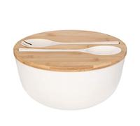 XUEJUN Saladier avec couverts - Grand bol à mélanger de 25 cm en bambou massif avec couvercle en bambou et cuillère pour fruits, salades et décoration (blanc, 24,9 cm)