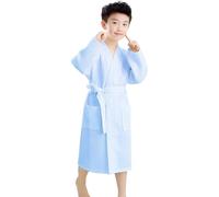 XUEMML Peignoir en Coton Gaufré for Enfants Filles, Peignoir Kimono À Carreaux en Nid d'abeille for Filles De 6 À 15 Ans(Blauw,8-10 T)