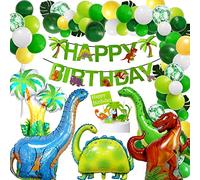 XXL Ballon Anniversaire Dinosaure Arche Ballon Kit Happy Birthday Banner Vert Fête Guirlande Déco Réutilisable Tropicales Palmier Confettis Latex Ballons Dinosaure Gateau Decoration Garcon Fille