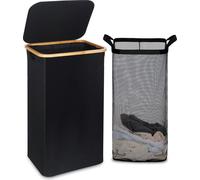 XXL Panier à linge avec couvercle 120 litres noir bambou anse Laundry Basket pliable