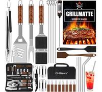 XXL set d'ustensiles de barbecue dans une valise 30 pièces en acier inoxydable Accessoires de camping Cadeaux pour hommes Accessoires de barbecue et thermomètre à viande avec poignées aspect bois