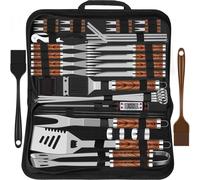 XXL Set d'ustensiles de barbecue en acier inoxydable dans une mallette 38 pièces Cadeaux pour hommes Accessoires de barbecue et thermomètre à viande avec poignées en bois cadeaux pour hommes