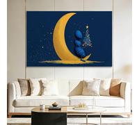 XXL Tableau avec Cadre Fantaisie Bleu Fourmi Or Croissant Lune, Art Mural Moderne Salon Restaurant - Photo sur Toile Peinture Décoration Maison - Horizontal 120x80 cm