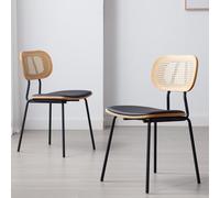 Ya-Home Chaise de Salle à Manger en Rotin Lot de 2 Vintage, Noir | Chaise Cuisine avec Pieds en Métal, Coussin en Cuir PU, Fauteuil de Dîner Moderne pour Cuisine/Salle a Manger