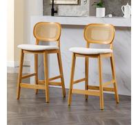 Ya-Home Lot de 2 Tabourets de Bar,Chaise Haute Cuisine,Dossier Rotin,Beige | Assie en Fausse Fourrure Rembourrée,Pieds en Bois,Hauteur 65cm,Confortable pour Cuisine,Salle à Manger