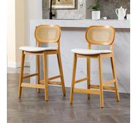 Ya-Home Lot de 2 Tabourets de Bar,Chaise Haute Cuisine,Dossier Rotin,Blanc | Assie en Cuir PU Rembourré,Pieds en Bois,Hauteur 65cm,Confortable pour Cuisine,Salle à Manger
