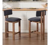 Ya-Home Lot de 2 Tabourets de Bar Vintage en Bois, Gris | Chaise de Bar en Lin, Coussin Épais, Pied en Bois Massif, Chaise Haute Cuisine Confortable