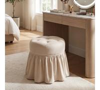 Ya-Home Tabouret de Coiffeuse Velours à Roulettes, Blanc | Siège de Coiffeuse avec Jupe à Volants, Tabouret Rond à Boutons pour Chambre/Salon/Institut de Beauté