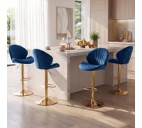 Ya-Home Tabourets de Bar Pivotants en Velours Lot de 4, Bleu | Chaise Bar avec Repose-Pied, Tabouret Haut Cuisine avec Dossier,Chaise Haute Pied Dorée pour Cuisine/Bar/Îlot Central