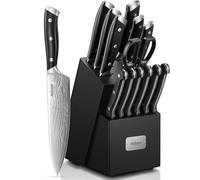 Yabano Couteaux de Cuisine 14 Pièces Acier Allemand Motif Damas | Support bois noir affuteuse integree, lame ultra tranchante, manche ABS ergonomique rivete Full Tang, 6 pieces a steak