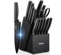 Yabano Couteaux de Cuisine 14 Pièces Inox Noir Bloc Aiguiseur | Lame acier inoxydable BO oxidation, support bois affuteuse integree, 6 pieces a steak, ciseaux, manche ergonomique