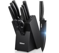 Yabano Couteaux de Cuisine, Set de 8 Bloc de Couteaux en Acier Inoxydable avec Affûteur Intégré, Couteaux Noirs Tranchants avec Bloc, Antirouille & Passe au Lave-Vaisselle, Poignée Ergonomique