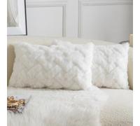 Yaertun Lot de 2 Housses de Coussin Décorative Coussins Épais en Peluche de Laine Douceur Suprême Taie d'oreiller en Fausse Fourrure de Lapin pour Canapé Sofa Lit ou Salon 30x50 cm Crème Blanc