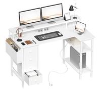 Yaheetech Bureau d'angle avec 4 Tiroirs, 120x68 cm Bureau en L avec Prise de Charge USB et Prise de Courant, Table Computer Réversible avec Support d'écran pour Domicile Maison, Blanc