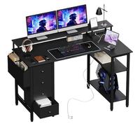 Yaheetech Bureau d'angle avec 4 Tiroirs, 120x68 cm Bureau en L avec Prise de Charge USB et Prise de Courant, Table Informatique Réversible avec Support d'écran pour Travailler et Jouer, Noir