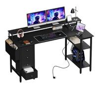 Yaheetech Bureau d'angle avec 4 Tiroirs, 140x68 cm Bureau en L avec Prise de Charge USB et Prise de Courant, Table Informatique Réversible avec Support d'écran pour Travailler et Jouer, Noir