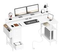 Yaheetech Bureau d'angle avec 4 Tiroirs, 140x68 cm Bureau en L avec Prise de Charge USB et Prise de Courant, Table Computer Réversible avec Support d'écran pour Domicile Maison, Blanc