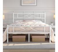 Yaheetech Cadre de Lit 140x200 cm avec Sommier, Lits en Métal Double pour Adultes 2 Personnes Deux Places, Sommier à Lattes et Tête de Lits, 32cm Espace de Rangement, Assemblage Simple, Blanc