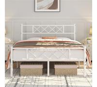 Yaheetech Cadre de Lit 140x200 cm en Fer Forgé avec Sommier, Lits Double 2 Places pour Adultes, Lits en Métal 2 Personnes Deux Places, 32,5 cm Espace de Rangement, Assemblage Facile, Blanc