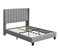 Yaheetech Cadre de Lit Capitonné avec Tête de Lit à Oreilles et Sommier à Lattes, Lit Double 140 × 200 cm Gris Clair