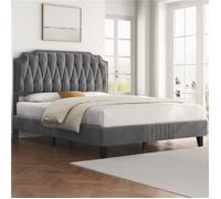 Yaheetech Cadre de Lit Design Classique 160x200cm avec Tête de Lit Capitonnée Réglable en Hauteur Lit en Bois Métal