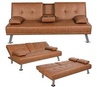 Yaheetech Canapé-Lit 2/3 Places Droit Convertible en Similicuir Marron | Canapé Moderne avec Dossier Inclinable 3 Niveaux, Divans Relax pour Couchage Quotidien Salon Bureau Chambre à Coucher Studio