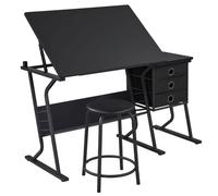 Yaheetech Ensemble Table à Dessin Inclinable Bureau à Dessin 3 Tiroirs avec Table d'appoint Tabouret Dessinateur Architecte Noir