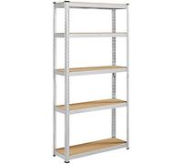 Yaheetech Étagère de Rangement 180 x 90 x 30 cm Étagère Garage à 5 Niveaux avec Cadre en Métal Tablette en Bois MDF Réglable en Hauteur Domicile Magasin Bureau Entrepôt Argenté