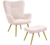 Yaheetech Fauteuil Scandinave à Oreilles avec Repose Pieds Fauteuil de Salon en Tissu Bouclette Dossier Ergonomique Chaise de Salon Design Elégant 67,5 cm × 70 cm × 97,5 cm Rose/1