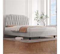 Yaheetech Lit 140x200 cm avec Sommier, Lit Double pour Adultes, 2 Personnes à Deux Places, Cadre de Lits Capitonnée, Réglable en Hauteur, Pied en Métal, Beige
