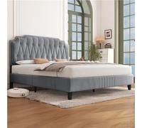 Yaheetech Lit 160x200 cm avec Sommier, Lit Double pour Adultes, 2 Personnes à Deux Places, Cadre de Lits Capitonnée, Réglable en Hauteur, en Bois Massif et Métal, Gris Clair