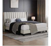Yaheetech Lit Double Rembourré 160x200 cm avec Sommier à Lattes Cadre de Lit Moderne pour Adultes 2 Personnes Beige