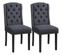 Yaheetech Lot de 2 Chaises de Salle à Manger en Tissu Effet Lin Design Classique Boutonné Ensemble de Chaises de Cuisine Rembourrées avec Pieds en Bois Massif Garniture Clou Dorés Gris