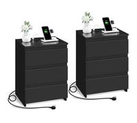 Yaheetech Lot de 2 Tables de Chevet avec 2 Prises CA, 2 Ports USB, Table de Nuit avec Multiprise, 3 Tiroirs, Chambre, Salon, Moderne, Noir