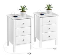 Yaheetech Lot de 2, Tables de Chevet avec Multiprise, 2 Ports USB 2 Prises CA, Table d'appoint, 3 Trioirs, Salon Chambre Bureau, Moderne, Blanche