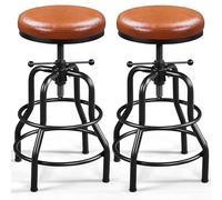 Yaheetech Lot de 2 Tabouret de Bar Industriel en Similicuir Tabouret Haut Rond Réglable en Hauteur avec Deux Repose-Pieds Chaise de Cuisine avec Cadre en Métal pour Cuisine Restaurant Marron Clair