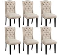 Yaheetech Lot de 6 Chaises de Salle à Manger en Tissu Effet Lin Design Classique Boutonné Ensemble de Chaises de Cuisine Rembourrées avec Pieds en Bois Massif Garniture Clou Dorés Beige