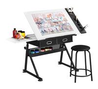 Yaheetech Table à Dessin Inclinable Hauteur Réglable avec Tabouret et 2 Tiroirs Compartiments à Crayons Bureau pour Dessinateur Peintre Ingénieur Artiste Blanc