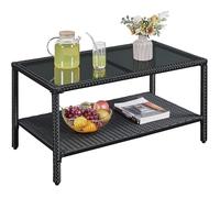 Yaheetech Table Basse de Jardin Style Rotin Table Jardin Résine Tressée Plateau Verre Trempé 5 mm avec Etagère pour Salon Patio Terrasse 92 x 50 x 47 cm Gris