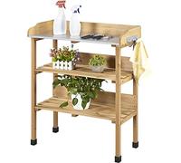 Yaheetech Table de Rempotage Extérieure en Bois Table pour Semis Bois Sapin avec Étagère de Rangement 3 Crochets Latérales Couleur Bois