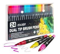 YAJNAS Lot de 24 marqueurs à double pointe fine à base d'eau pour calligraphie, dessin, croquis, carnet de notes, stylos à double pointe et marqueurs pinceaux