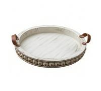 Yajuyi Panier Industriel Plateau Rond Bois Perlé Présentoir Dessert Support Étagé avec Poignées en Cuir Design Rustique Détail Perlé Capacité Généreuse, Blanc