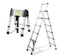 Yakimz Échelle télescopique A-Rahmen en aluminium - Échelle pliante polyvalente 1,7m+2m - Échelle en aluminium à 5 + 6 barreaux - Échelle debout extensible antidérapante - Capacité de charge : 150 kg