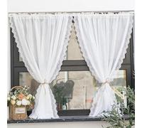 Yaland Rideau brise-bise aspect lin avec bord ondulé délicat en dentelle pour cuisine, salon, balcon, style maison de campagne, 1 pièce, blanc, l x H 80 x 160 cm