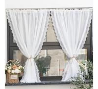 Yaland Rideau brise-bise aspect lin avec bord ondulé délicat en dentelle pour cuisine, salon, balcon, style maison de campagne, 1 pièce, blanc, l x H 150 x 220 cm
