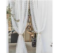 Yaland Rideau brise-bise brodé avec ourlet ondulé - 145 x 130 cm - Blanc | Rideau romantique en dentelle avec motif de feuilles et embrasses en tulle avec galon fronceur pour cuisine et fenêtre