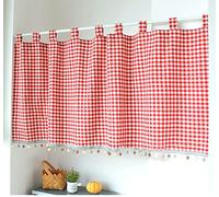Yaland Rideau élégant à carreaux, rideau de cuisine à carreaux, avec bords à boules style maison de campagne, avec embrasses (h x l x l) 40 x 140 cm, rouge)