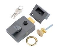 Yale P-89-DMG-PB-60 Verrou de nuit, blocage automatique, finition métallique foncé/cylindre en laiton, haute sécurité, serrure extérieure, loquet de porte avant