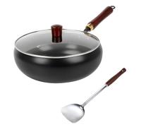 Yallmie Poêle en Fonte Wok 28cm, Poêle Antiadhésive Sans Revêtement avec Couvercle en Verre, Poignée en Bois et Pelle en Inox, Wok en Fonte Grand Ventre Forgé à La Main pour Induction, Gaz et Autres